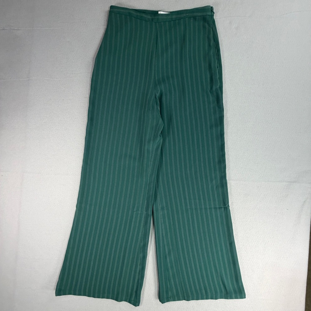 Leith Womens Pinstripe Wide Leg Dress Pants Medium Green High Rise Trousers